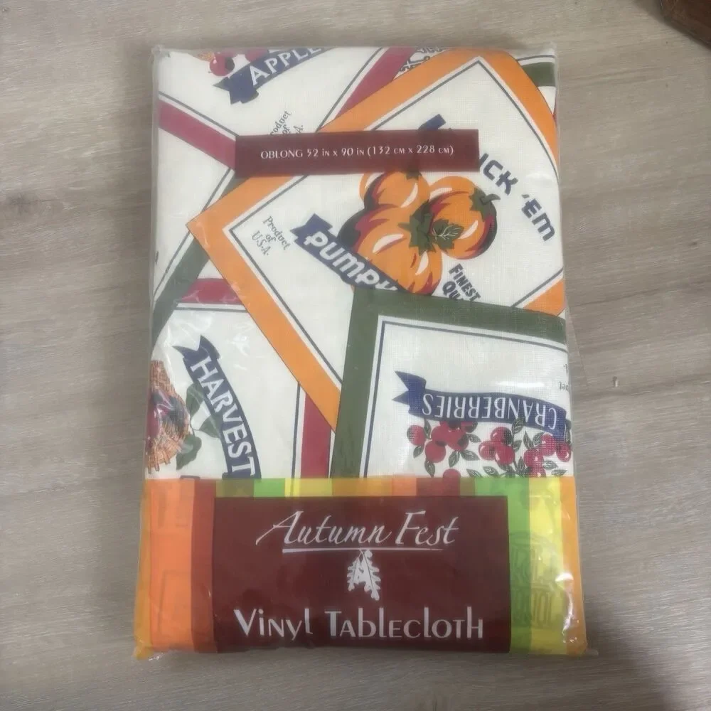 Kmart Autumn Fest Vinyl Tablecloth Oblong 52x90 Vintage Harvest Fruit Labels NIP